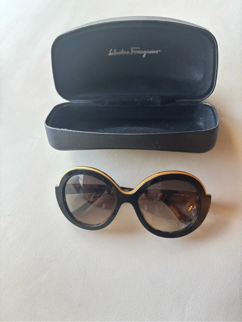 Salvatore Ferragamo Black and Gold Oversized Round Sunglasses incl case